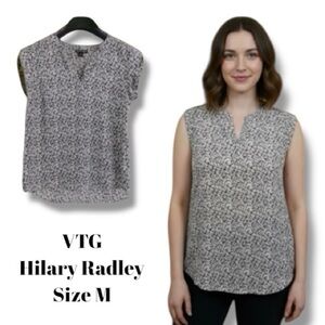 Hilary Radley Blouse VTG Silky Gray V-Neck Hatch Print Size Medium EUC Classic